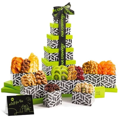 Nut Cravings Gourmet Dried Fruit & Nut Gift Basket Leaf Tower + Ribbon 12 Pieces