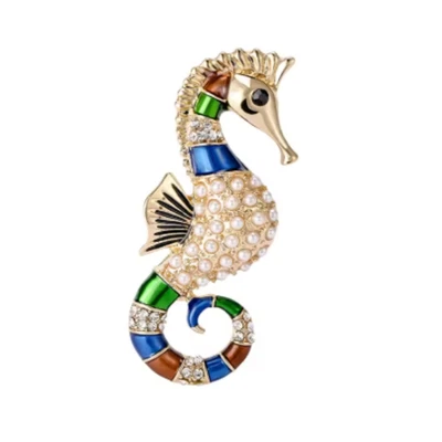 Seahorse Brooch Rhinestone Pearl Ocean-Inspired Pin Summer Beach Jewelry Gift US - Image 1 of 4