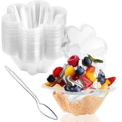 Tazas de postre de plástico transparente con cucharas de 8 oz 50 unidades, helado en forma de flor Foto 1 de 4