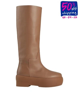 PVP €585 GIA BORGHINI Botas hasta la rodilla de cuero US8 UK5 EU38 marrón forma plana tacón cuadrado Foto 1 de 4