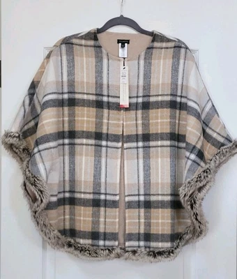 Capa Talbots Para Mujer Mediana Grande Mezcla de Lana Kimono a Cuadros Ruana Mantón de Piel Nuevo con Etiquetas Foto 1 de 4