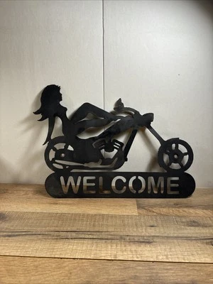 Cast Iron Babe Girl On Motorcycle Welcome Sign Hand Made Rustic - Image 1 of 4
