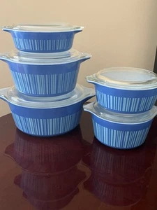 Vintage Pyrex Barcode Blue Stripe Set Of 5 - Picture 1 of 24
