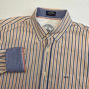Paul & Shark Yachting Sport Shirt Men 44 XL Orange Blue Stripe Gingham Flip Cuff - Picture 1 of 8
