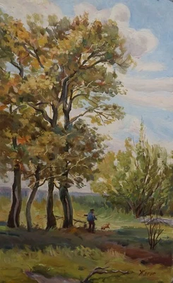 Hunter with a dog in a meadow Original Antique Oil Painting Soviet Ukrainian Art - Image 1 of 4