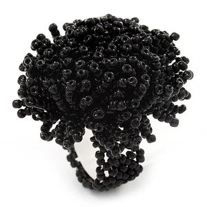Large Black Glass Bead Flower Stretch Ring - Picture 1 of 5