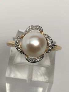 14K Yellow Gold 8mm Pearl and 0.08ct twt Diamond Petal Ring Size 6.75 New - Picture 1 of 15