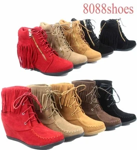 Moda Mujer Flecos Encaje UP Cuña Baja Zapatillas Zapatillas Talla 5 - 10 NUEVO - Imagen 1 de 26
