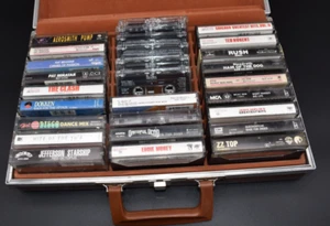 (Lot of 28) Mostly Rock Cassettes with Vintage Light Brown Carrying Case - Picture 1 of 10