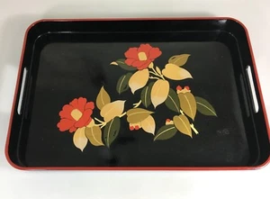 Otagiri Black w Red Poppies Flowers Lacquer Handled Tray 16.5 x 11" Japan Made - Picture 1 of 5