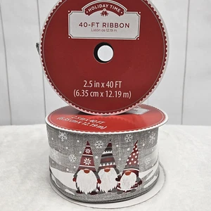 Christmas Wired Edge 2.5" Ribbon New Lot 2 Rolls 80' Gnomes Gray White Red Snow - Picture 1 of 6