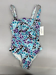 CK Calvin Klein Size 6 Women's 1-Pc White Black Blue Purple Swim Suit - Picture 1 of 2