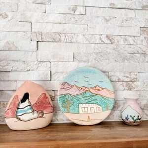 Vintage  Mountain Scenes 24Kt Gold Accents Hand Painted Pastel Pottery set of 3 - Picture 1 of 8