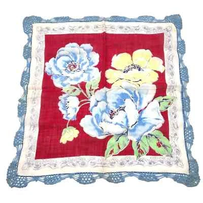 Pañuelo Vintage Floral Azul Amarillo Rosas Crochet Encaje Borde 12 Pulgadas Cuadrado Foto 1 de 4