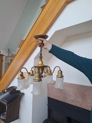 Pendent Vintage Bryant 5 Arm Antique Chandelier Light Fixture Etched Globes - Image 1 of 4