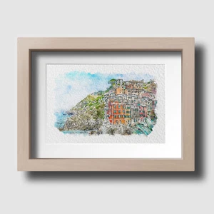 Riomaggiore Sunset Cinque Terre Italy Watercolour Wall Art Picture Unframed - Picture 1 of 3