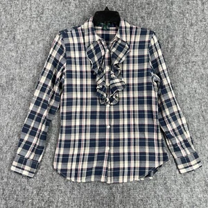 Ralph Lauren Shirt Womens S Plaid Ruffle Neck Western Rodeo Business Casual - Picture 1 of 6