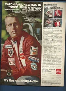 Vintage 1971 Coke Paul Newman Rennwagen "Once Upon A Wheel" Zeitschriftenanzeige - Bild 1 von 1