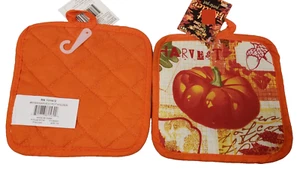 2 Same Printed Kitchen Pot Holders, HARVEST, PUMPKIN & LEAVES,orange back, Forum - Picture 1 of 5