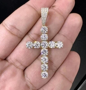 Round Cut Lab Grown Diamond EF/VS Cross Pendant GDGL Certified 14K Yellow Gold - Picture 1 of 13