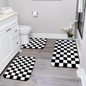 Bathroom Rugs Set 3 Piece, Black and White Checkered Bath Mat Set Non Slip Ma... - Picture 1 of 8