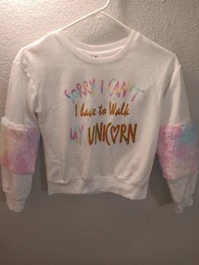 Beauties SORRY I Can't I Have To Walk My Unicorn Sweater With Fur Arms XL Girls - Picture 1 of 4