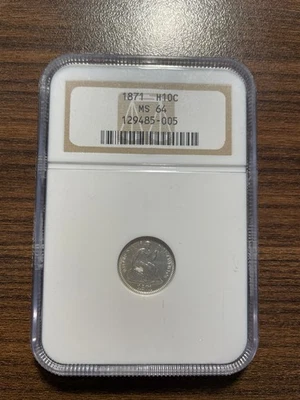 1871-P Seated Liberty Silver Half Dime H10C NGC MS 64 Type 5, Legend Obverse - Image 1 of 4