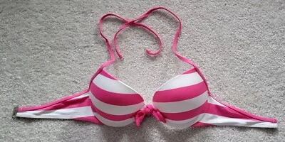 Gilly Hicks Push EM UP Halter Bra Swim Top Bikini White Pink Stripe Medium - Image 1 of 4