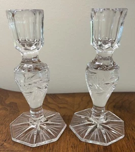 Pair Crystal Clear Pressed Glass Fluted HobStar Candlestick Hexagon Starburst 6" - Picture 1 of 13