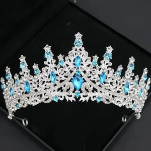 Wicked Silk Prom, Quinceanera Jeweled Crown Tiara Headband - Silver Light Blue - Picture 1 of 2