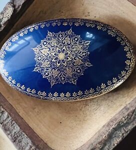 RARE Vintage Oval Cobalt Blue & 22k Gold LIMOGES Porcelain TRINKET Bowl W/ Lid