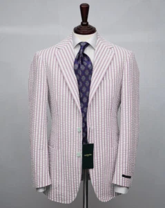 LeisureSeersucker Men Suits 2 Pieces Party Summer Jacket Wedding Groom Tuxedos - Picture 1 of 22