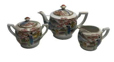 Japanese Hand Painted Tea pot, Sugar Bowl with Creamer  Vintage Porcelain - Image 1 of 4