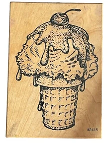 Ice Cream Sundae Cone Cherry on Top Dessert Sweet Food Huge Wood Rubber Stamp - Picture 1 of 4