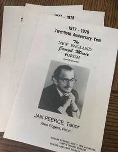 Lot of 3 Vintage 1978 JAN PEERCE OPERA Programs NEW ENGLAND JEWISH MUSIC FORUM - Bild 1 von 3