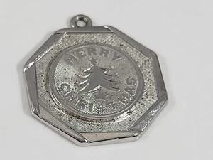 Vintage Brushed Silver Tone Octagon Shaped Merry Christmas Tree Charm - Picture 1 of 4
