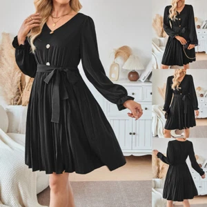 Womens Long Sleeve Shirt Dress Ladies Button Belted Casual Party Mini Dresses - Picture 1 of 18