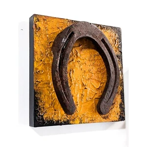 Mixed media wall art horseshoe rusted steel sculpture wood panel good luck charm - Picture 1 of 6