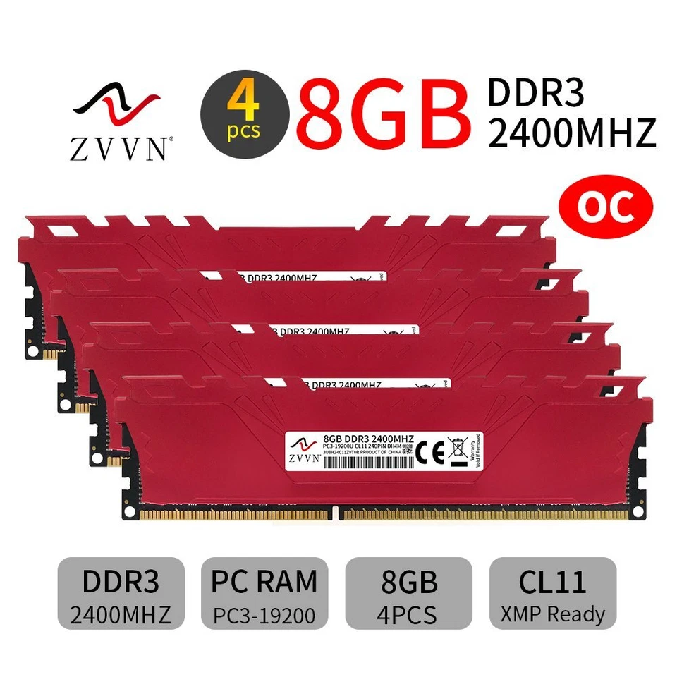 ZVVN 32GB 4x8GB DDR3 OC 2400MHz PC3-19200U 240Pin Overclocking Desktop PC Memory - Image 1 of 4