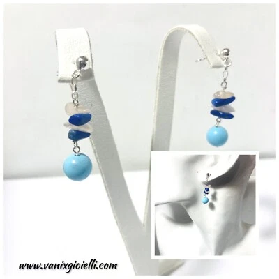 orecchini argento 925 pendenti Con Pietre Turchese Lapislazzulo Blu Quarzo Rosa - Immagine 1 di 4