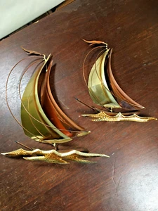 Pair Metal Sailing Boats Wall Decor, Brass or Copper?, Larger & Small, Set - Picture 1 of 8