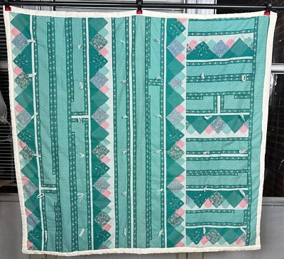 Vintage Farmhouse Lap Quilt Yarn Tied Blanket Pink Blue Shabby Chic Cottage 80s - Image 1 of 4