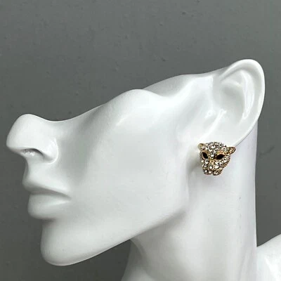 Forever 21 Pave Panther Earrings Gold Tone Black Clear Rhinestones NWT - Imagem 1 de 4