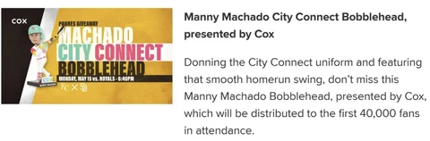 Manny Machado CITY CONNECT Bobblehead San Diego Padres May 15th SGA Pre-Sale Cover
