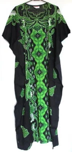 Batik Kaftan Calf Length Floral Design Black Green - New - Picture 1 of 1