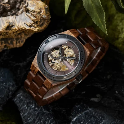 Holz Herren Skelettuhr Automatik Armbanduhr Automatikuhr Herren Holzuhr Geschenk - Bild 1 von 4