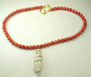 Rote Koralle Halskette & Muschel Anhänger Handarbeit Schmuck - Bild 1 von 1
