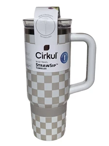 Vaso de Viaje Cirkul 30oz StrawSip Doble Pared Aislado Bronceado Checker Patrón NUEVO - Imagen 1 de 4