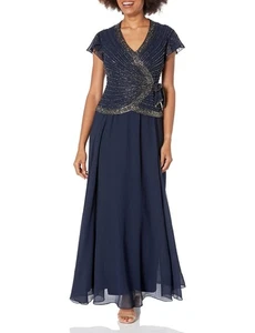 Vestido largo J Kara azul 10 Petite manga corta cuello en V imitación envolvente, azul marino/tonos - Imagen 1 de 5