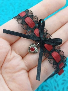 Stunning Gothic Black Lace & Red Ribbon Rhinestone Heart Charm Choker Necklace - Picture 1 of 13
